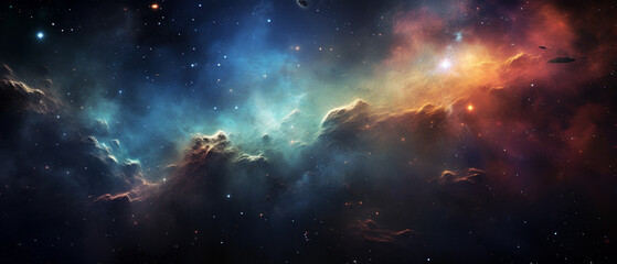 mesmerizing interstellar scene, featuring a colorful nebula and sparkling stars