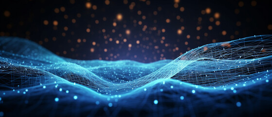 3D rendering of an abstract wave of musical sounds, with intricate interweaving of dots and lines, high-resolution, focusing on the fluidity and rhythm