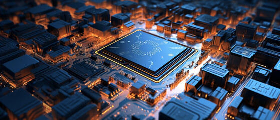 computer processor, showcasing tiny cities of transistors and flashing signals