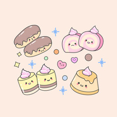 Vector Dessert Cake Roll Churos with cute facial expressions and pastel colour