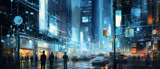 Invisible signals flowing within a vivid, bustling city highlighting digital communication