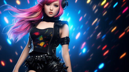A girl with bright vibrant harajuku hair in a black stockings and black brassiere in the style of full body pose photo-realistic techniques, uhd image, tenwave, high resolution, ironical  - obrazy, fototapety, plakaty
