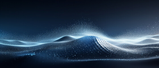wave in cyber technology, emphasizing the flow of particles with sharp focus on moving dots and lines, 