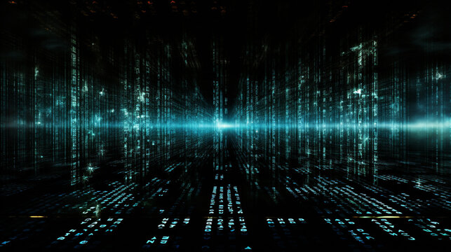 Digital binary code streaming down a black background