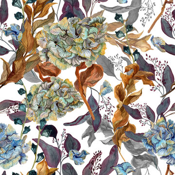 Watercolor seamless pattern with ruscus and hydrangea flower. Historical style plants background. Floral ornament. Design for textile print, home decor, fabric, surfaces. Renaissance style tapestry