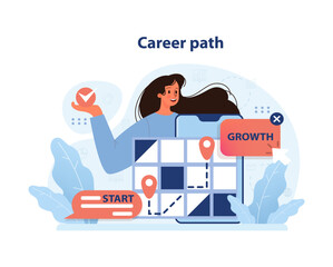 Strategic career path plotting, with a professional at the start of a journey marked by key growth milestones. Navigating the roadmap to success. Flat vector illustration.