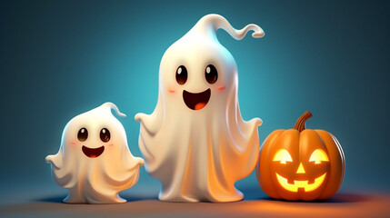 Ghost with pumpkin cute cartoon, happy Halloween 3D illustration, isolated fairy tale. Generative AI