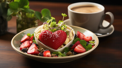 Valentines day vegan salad and coffee at the brown table