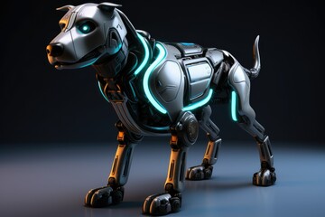 Dog robot future artificial metallic technology modern cyborg intelligence science robot glowing...