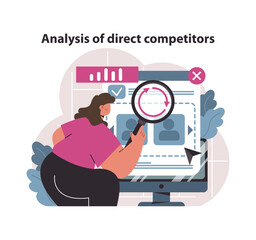 Direct competitors analysis concept. Specialist scrutinizing business rivals through detailed market research. Gaining insights for competitive advantage. Flat vector illustration.
