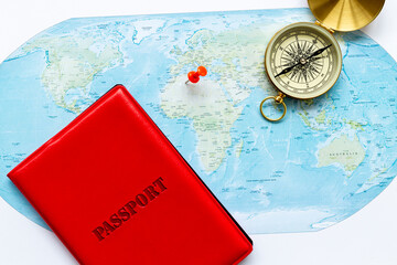 World map and compass for vacation trip concept. Planning travel