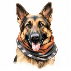A drawing of a dog wearing a scarf