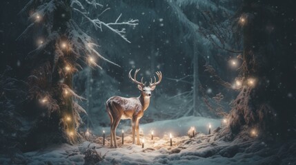 A deer standing in the middle of a snowy forest