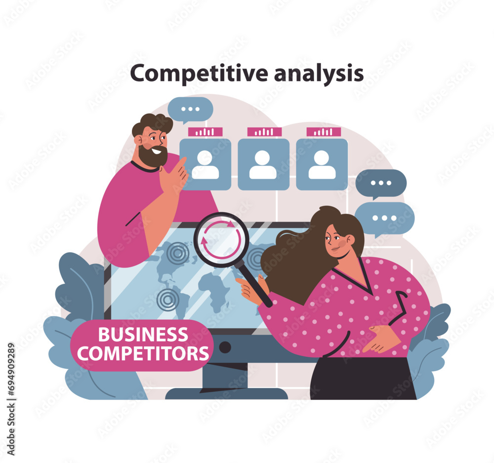 Poster competitive analysis concept. professionals evaluating business competition, using data and strategi