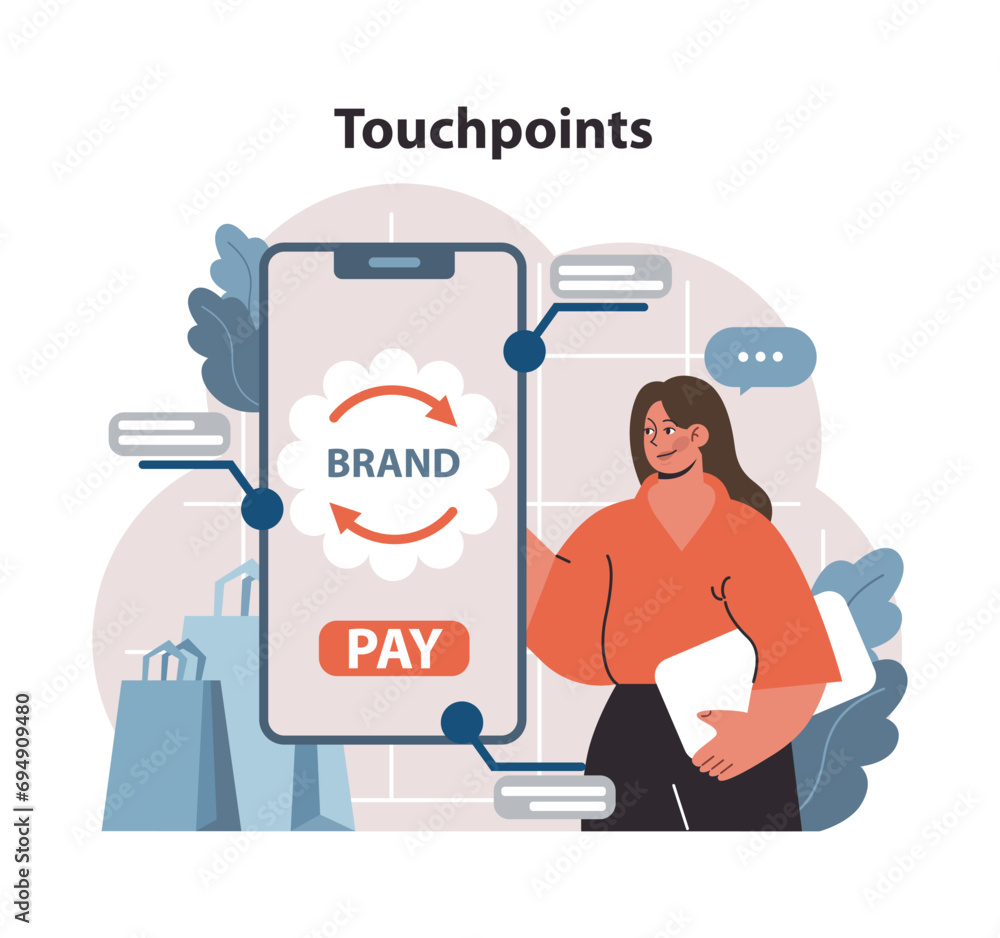 Poster touchpoints concept. marketer aligns brand's presence across mobile interface, ensuring seamless use