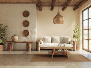 Warm wabi sabi style interior with beige walls and ethnic home furniture. Wall mockup, 3d rendering  
