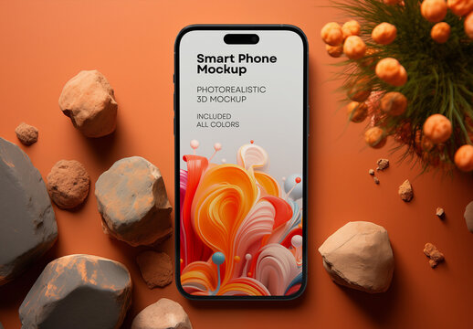 Smartphone Mockup on Natural Stone Scene &ndash; Realistic Mobile UI Display Template for App Presentation and Branding Showcase