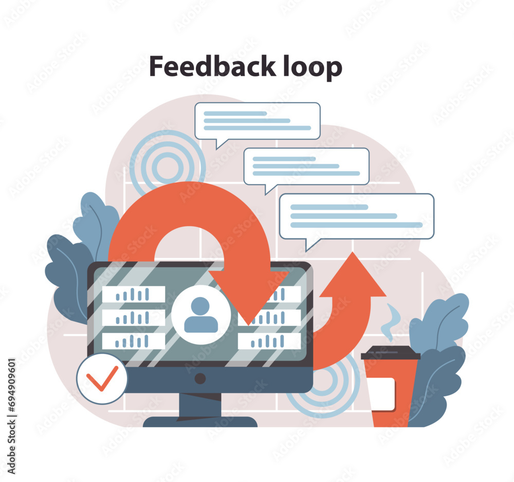 Aufkleber feedback loop concept. desktop displays data analysis while continuous circle arrow indicates ongoin