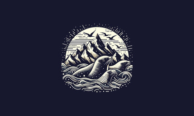 seals on sea and mountain vector artwork design