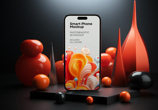 Smartphone Mockup with Abstract 3D Red Objects &ndash; Realistic Mobile UI Display Template for App Showcase, Tech Branding, or Futuristic Product Presentation