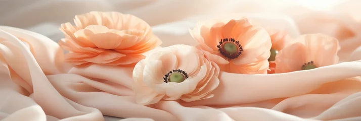 Fotobehang Gentle Ranunculus Murmurs on Burlap Fabric Pastel Peach and Neutral Beige Palette St Valentines Day Themed Background © fotogurmespb