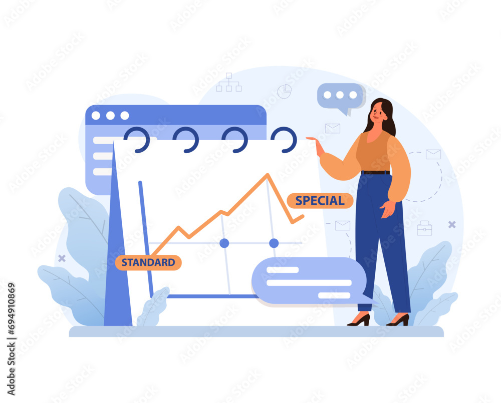 Poster elevating business performance from standard to special. a confident woman showcases a rising graph,