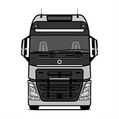 Front view truck diesel drive. Truck sketch. Trunk tractor. Vector flat graphic illustration isolated on a white background. Semi trailer truck abstract Gray silhouette. A hand drawn of a truck car.