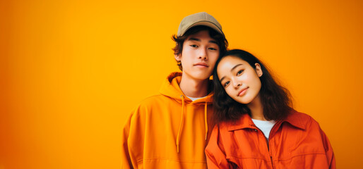 asian teenagers couple wearing orange clothes - obrazy, fototapety, plakaty