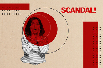 Collage banner sketch of surprised woman impressed scandal breaking news wow omg isolated on...