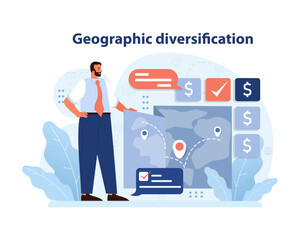 Confident businessman presents geographic diversification strategy on map interface. Enhancing global investments, spreading assets across regions for risk reduction. Flat vector illustration © inspiring.team