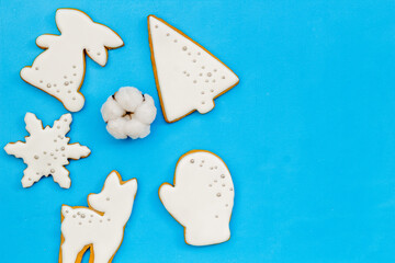 New Year decoration - white Christmas cookies pattern, top view