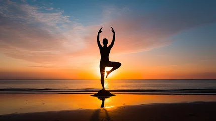 Foto op Canvas A yogi in the Half Moon Pose on a beach during sunrise, capturing balance and flexibility © kittikunfoto