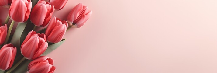 Scarlet Tulip Arrangement Against Soft Pastel Backdrop Gentle Color Scheme for Valentines Day Conceptual Background - obrazy, fototapety, plakaty