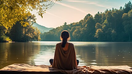 A woman practicing the Fish Pose by a tranquil lake, symbolizing openness and release - obrazy, fototapety, plakaty