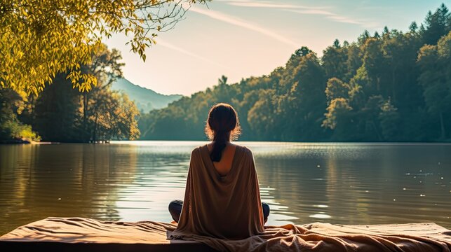 A woman practicing the Fish Pose by a tranquil lake, symbolizing openness and release