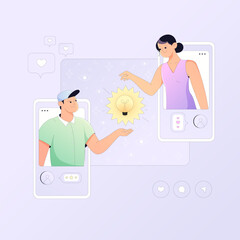 Creativity and brainstoming concept illustration. People generate ideas for social media marketing. Remote work from a mobile phone or computer. 