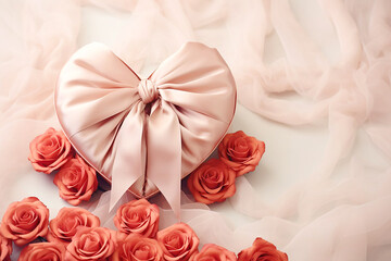 A light heart with a satin bow with buds of delicate roses.