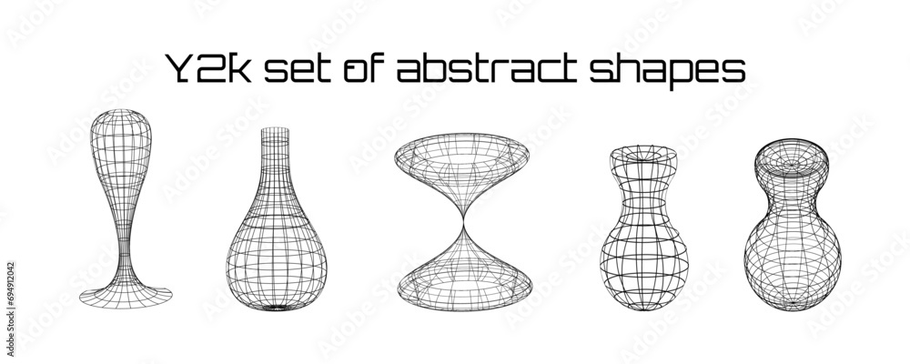 Poster set of abstract form and shapes in psychedelic style. rave. wireframe elements. retro y2k design. ve