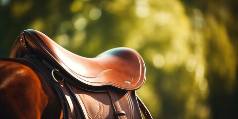 Horse riding saddle close-up, equestrian field behind. - obrazy, fototapety, plakaty