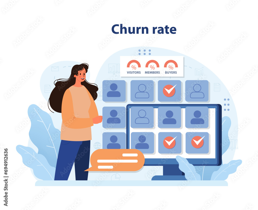 Poster churn rate analytics showcased. woman reviews user classifications on a digital screen, monitoring r