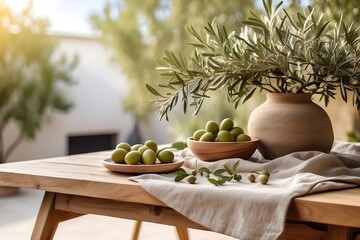 Natural wooden table and organic cloth with olive tree plant. Product placement mockup design background. Outdoor tropical summer scene with rustic vintage countertop display. Generative ai