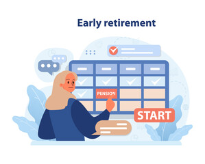 Early Retirement concept. Woman marking PENSION on a calendar, gearing up to start her post-work journey amidst financial icons. Embarking on a leisurely life. Flat vector illustration.