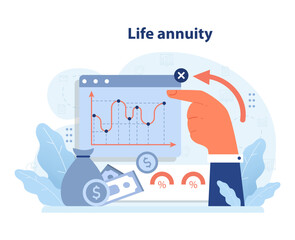 Life annuity concept. Hand analyzing financial chart on screen with dollar savings and interest rates. Retirement investment planning. Flat vector illustration.