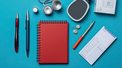 flat lay photography, of doctor and stethoscope and medical tools and notebook and pen decorate