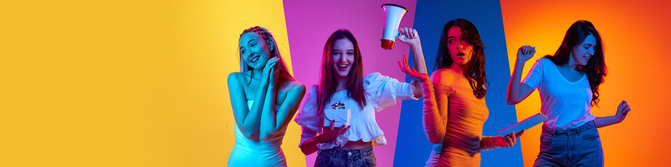 Collage made of portrait of young women, cheerful girls posing over multicolored background in neon...