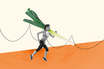 Abstract composite illustration collage photo of energetic motivated girl running with leek on...