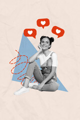 Vertical create collage lovely dreamy young woman sit wait like post follow influencer popular sketch blue triangle beige background