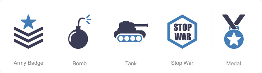 A set of 5 Mix icons as army badge, bomb, tank