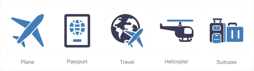 A set of 5 Mix icons as plane, passport, travel