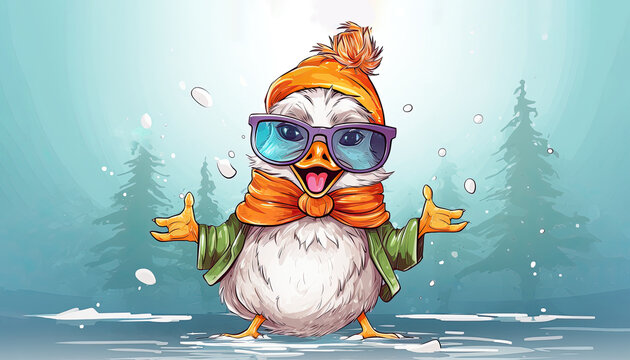 Vegan-hipster duck in hat and scarf play snowballs. Winter illustration